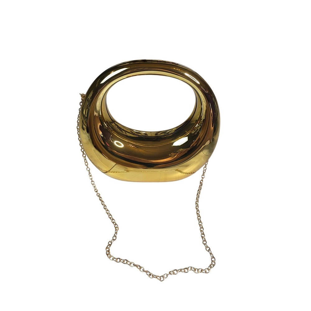 Gold Metallic Hardshell Crescent Clutch Bag Sculptural Evening‎ Purse Chain S4